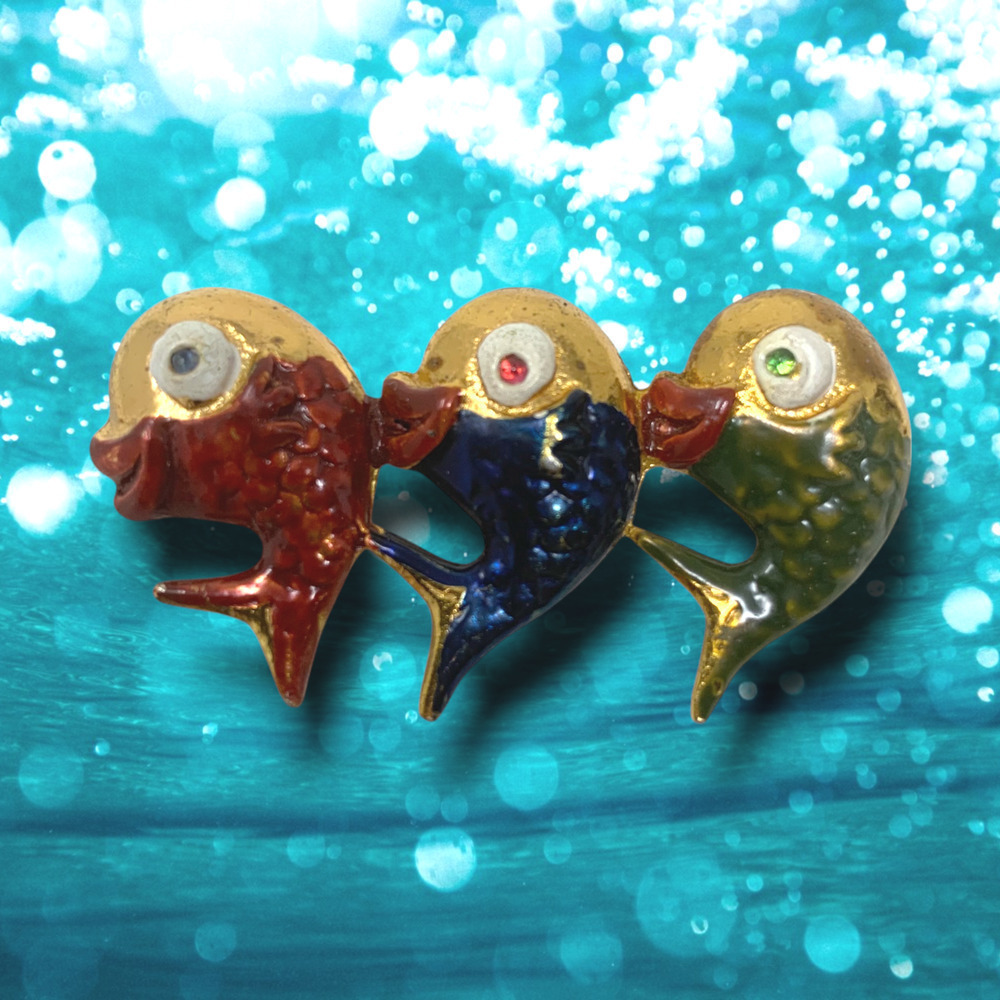 Vtg 1960's Enamel Fish Trio Brooch Pin Gold Tone Mid Century MCM Red Blue Green